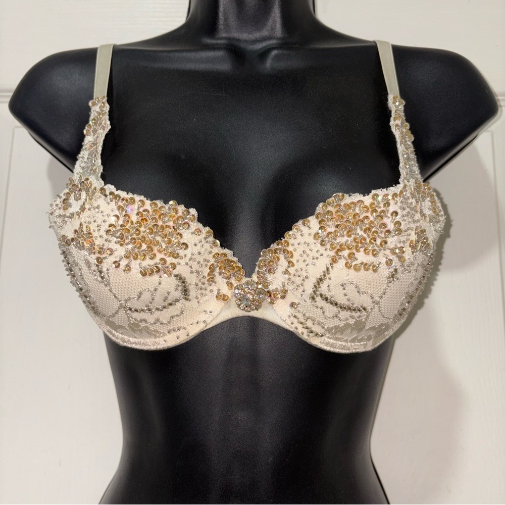 Marciano Beige Embellished Push-Up Bra with Gold Sequins and Center Rhinestones